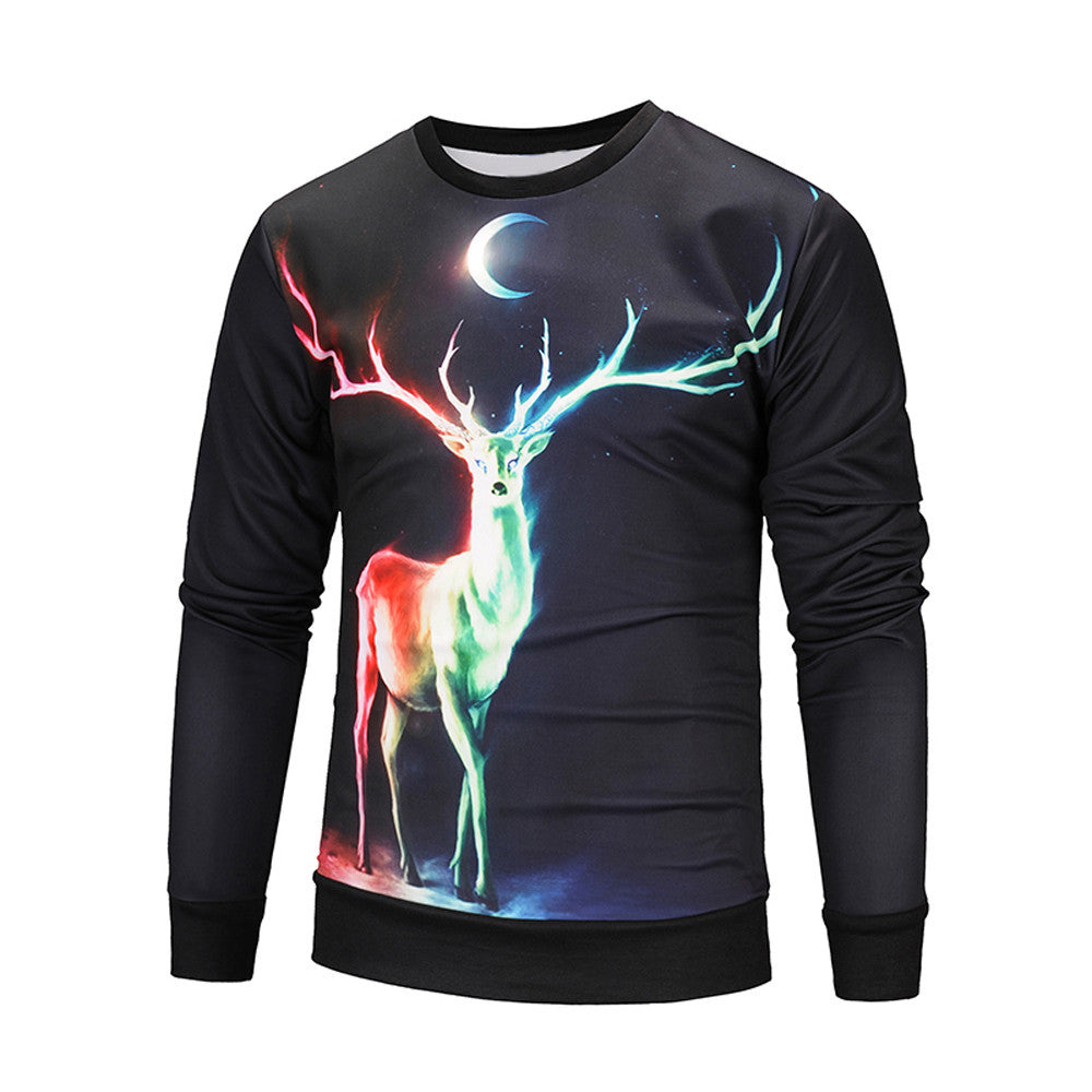 Men Printed Deer Long-Sleeve Casual T-Shirt