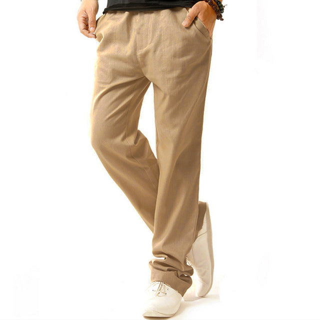 Men Summer Linen Cotton Casual Pants Solid Thin Fitness Sweatpants Straight Trousers Plus Size 5XL  -MX8